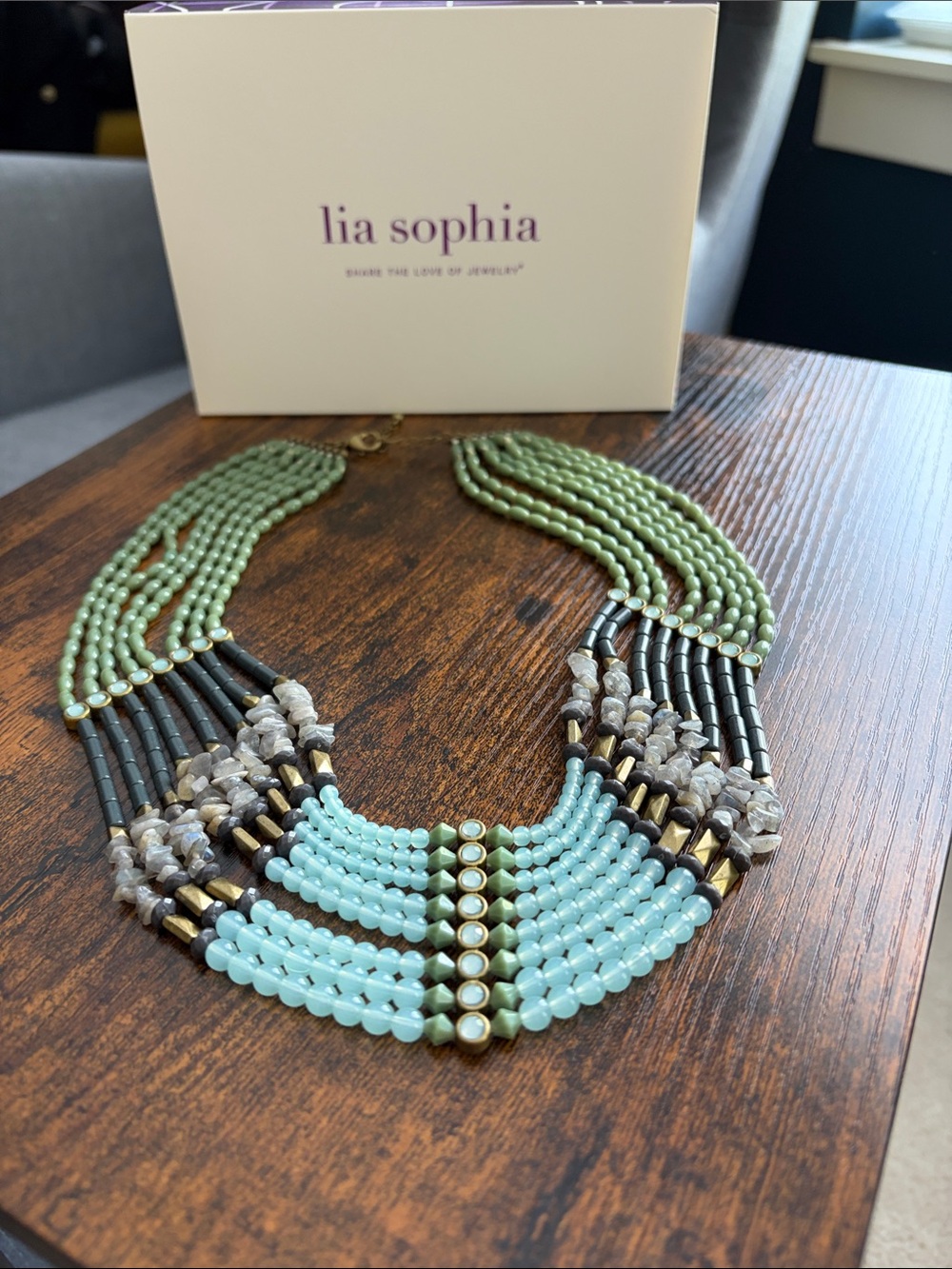 Lia Sophia Multi-Strand Beaded Statement Necklace in Aqua & Olive - “Goddess”